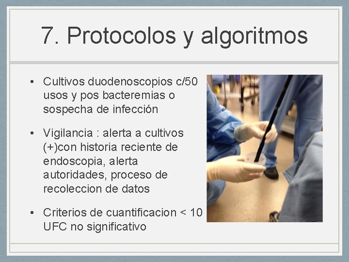 7. Protocolos y algoritmos • Cultivos duodenoscopios c/50 usos y pos bacteremias o sospecha 7. Protocolos y algoritmos • Cultivos duodenoscopios c/50 usos y pos bacteremias o sospecha