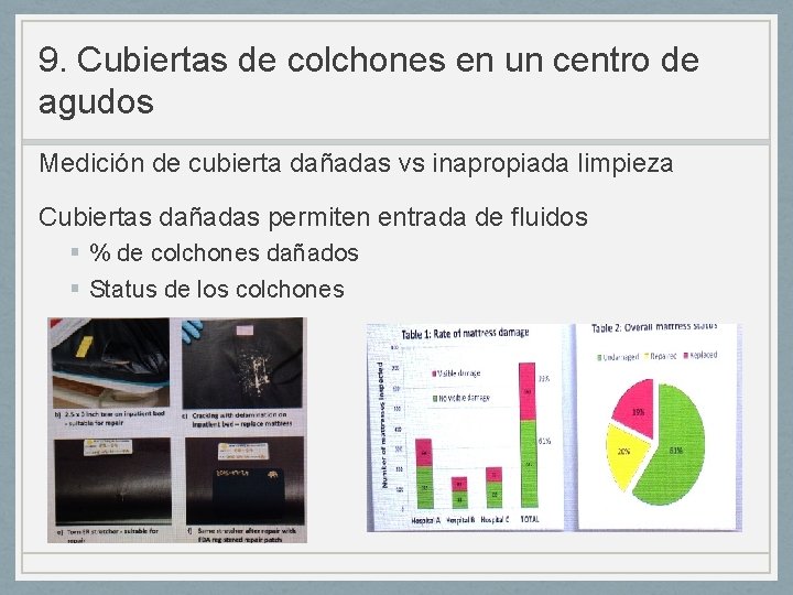 9. Cubiertas de colchones en un centro de agudos Medición de cubierta dañadas vs 9. Cubiertas de colchones en un centro de agudos Medición de cubierta dañadas vs