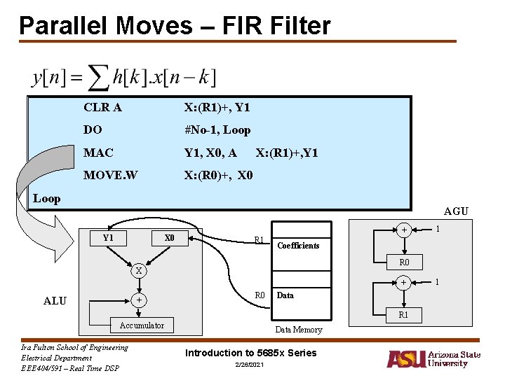 Parallel Moves – FIR Filter CLR A X: (R 1)+, Y 1 DO #No-1,