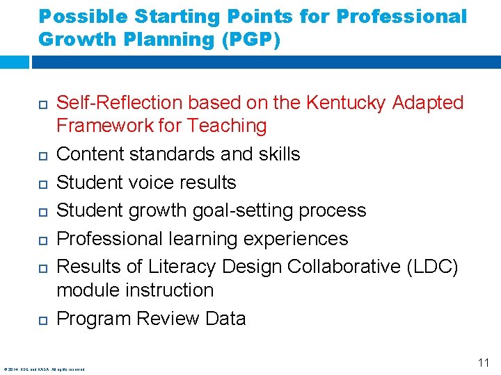 Possible Starting Points for Professional Growth Planning (PGP) Self-Reflection based on the Kentucky Adapted