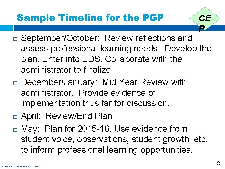 Sample Timeline for the PGP CE P September/October: Review reflections and assess professional learning