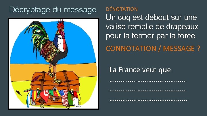 Décryptage du message. DÉNOTATION Un coq est debout sur une valise remplie de drapeaux