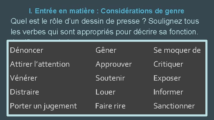 I. Entrée en matière : Considérations de genre Quel est le rôle d’un dessin