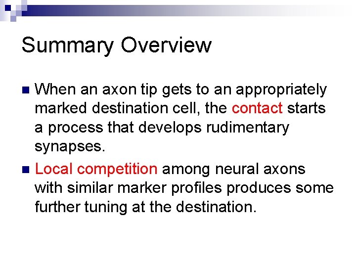 Summary Overview When an axon tip gets to an appropriately marked destination cell, the