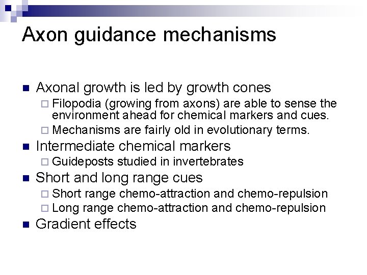 Axon guidance mechanisms n Axonal growth is led by growth cones ¨ Filopodia (growing