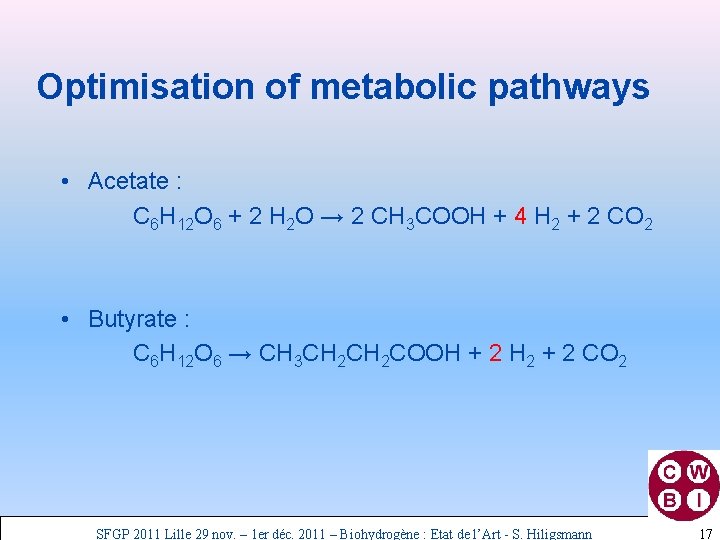 Optimisation of metabolic pathways • Acetate : C 6 H 12 O 6 +