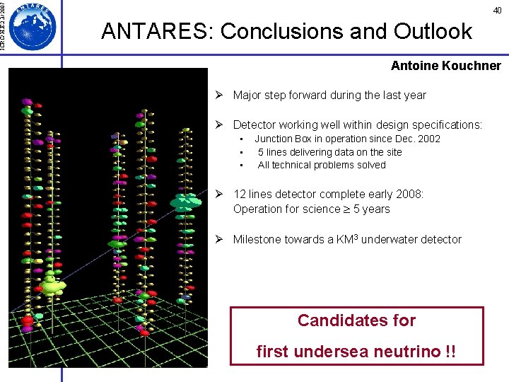 ICRC/ H. E. 2. 3/ 2007 40 ANTARES: Conclusions and Outlook Antoine Kouchner Ø ICRC/ H. E. 2. 3/ 2007 40 ANTARES: Conclusions and Outlook Antoine Kouchner Ø