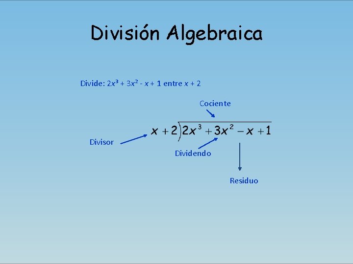 División Algebraica Divide: 2 x³ + 3 x² - x + 1 entre x