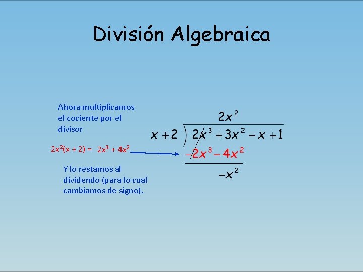 División Algebraica Ahora multiplicamos el cociente por el divisor 2 x²(x + 2) =