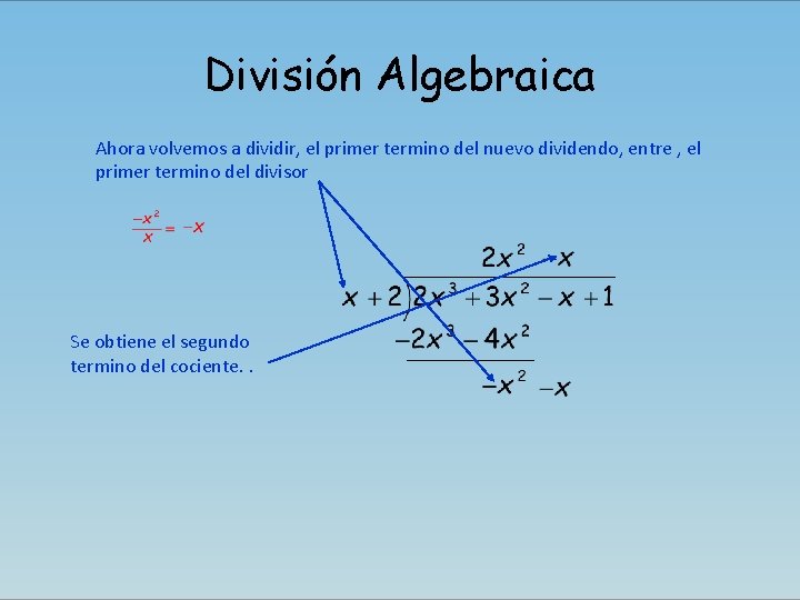 División Algebraica Ahora volvemos a dividir, el primer termino del nuevo dividendo, entre ,