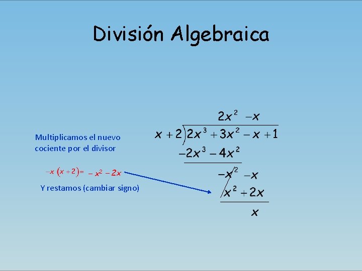 División Algebraica Multiplicamos el nuevo cociente por el divisor – x 2 – 2
