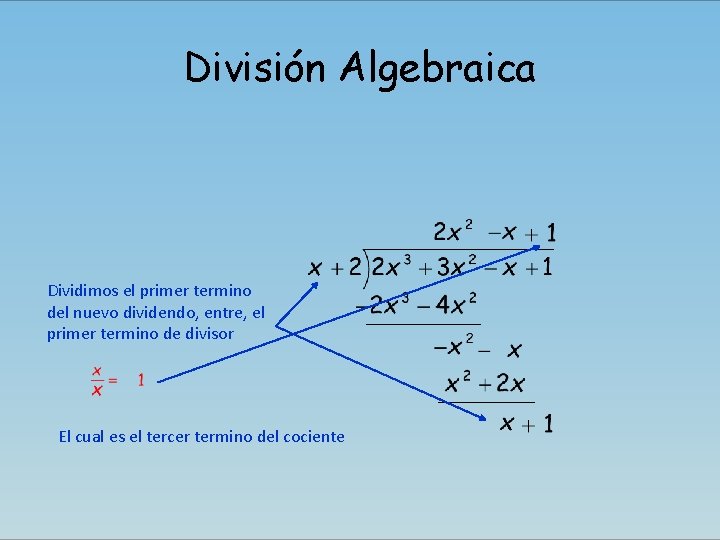 División Algebraica Dividimos el primer termino del nuevo dividendo, entre, el primer termino de