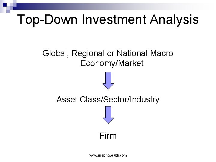 Top-Down Investment Analysis Global, Regional or National Macro Economy/Market Asset Class/Sector/Industry Firm www. insightwealth.