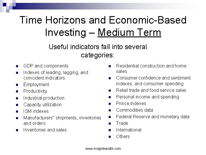 Time Horizons and Economic-Based Investing – Medium Term Useful indicators fall into several categories: