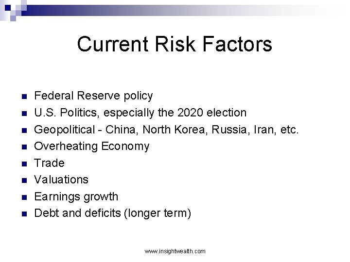 Current Risk Factors n n n n Federal Reserve policy U. S. Politics, especially