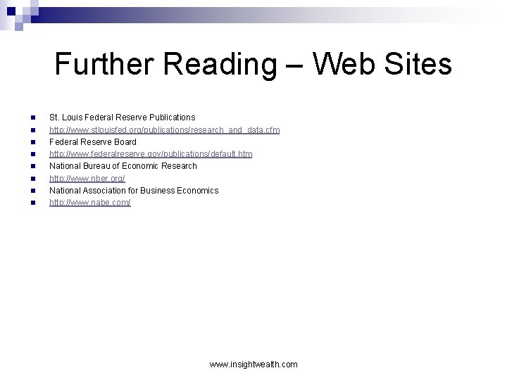 Further Reading – Web Sites n n n n St. Louis Federal Reserve Publications