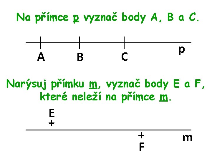 Na přímce p vyznač body A, B a C. A B p C Narýsuj