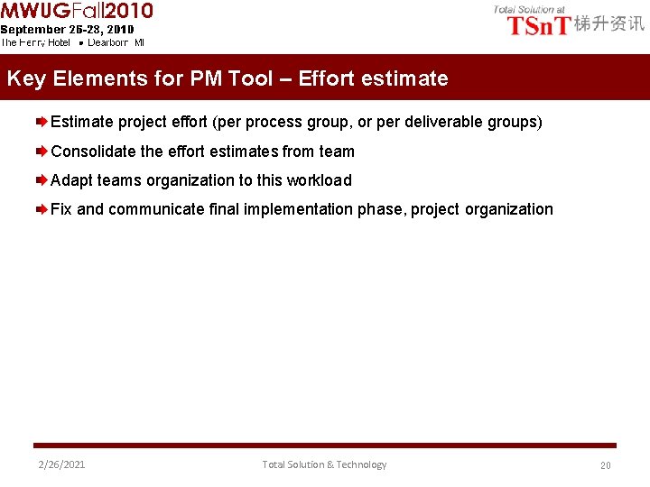 Key Elements for PM Tool – Effort estimate Estimate project effort (per process group,