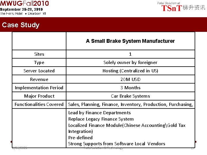 Case Study A Small Brake System Manufacturer Sites 1 Type Solely owner by foreigner