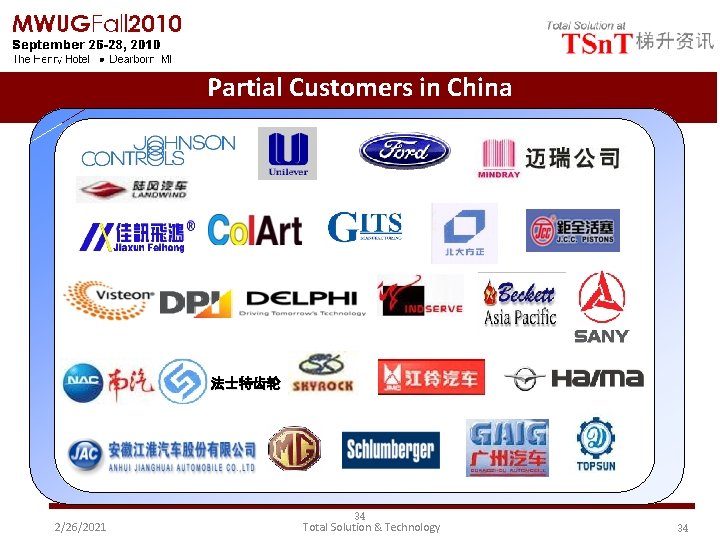 Partial Customers in China 法士特齿轮 2/26/2021 34 Total Solution & Technology 34 