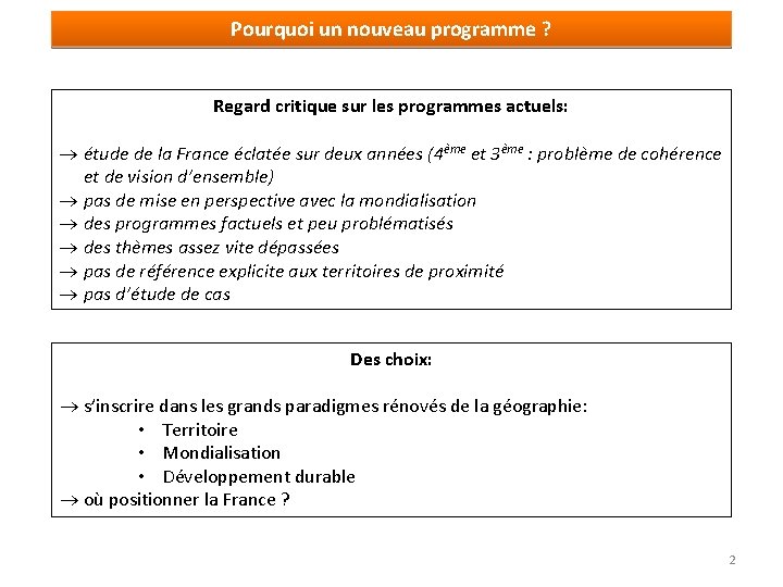 Pourquoi un nouveau programme ? Regard critique sur les programmes actuels: étude de la