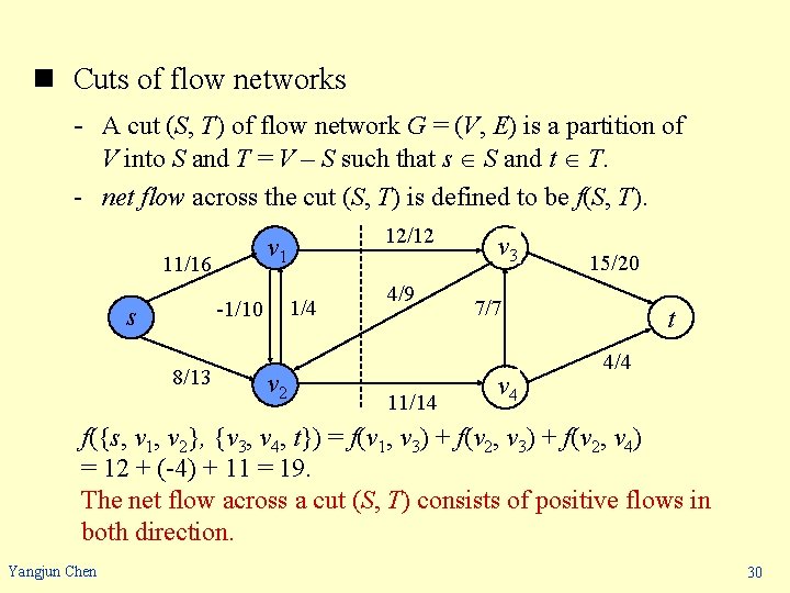 n Cuts of flow networks - A cut (S, T) of flow network G