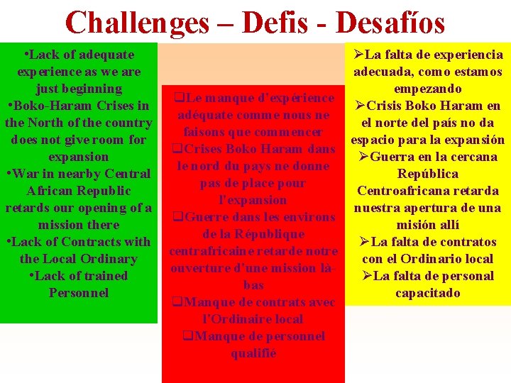 Challenges – Defis - Desafíos • Lack of adequate experience as we are just