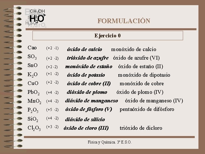 FORMULACIÓN Ejercicio 0 Cao (+2 -1) SO 3 (+2 -2) Sn. O (+2 -2)
