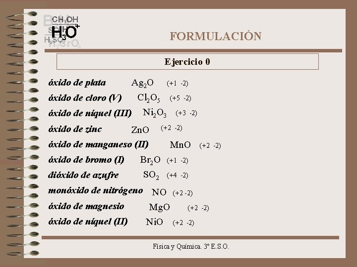 FORMULACIÓN Ejercicio 0 óxido de plata Ag 2 O (+1 -2) Cl 2 O