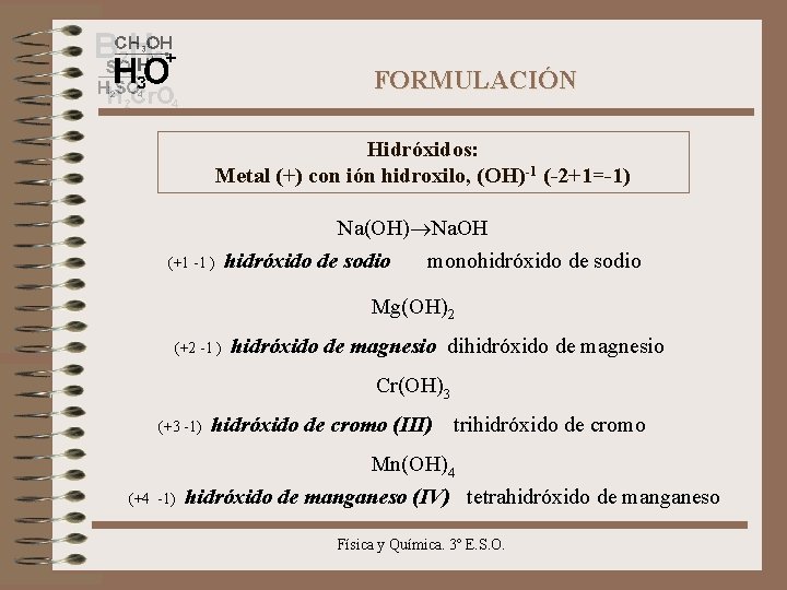 FORMULACIÓN Hidróxidos: Metal (+) con ión hidroxilo, (OH)-1 (-2+1=-1) (+1 -1 ) Na(OH) Na.