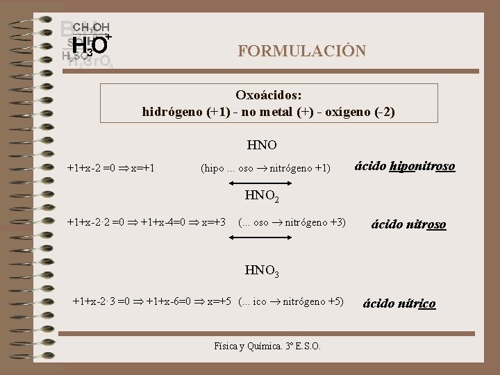 FORMULACIÓN Oxoácidos: hidrógeno (+1) - no metal (+) - oxígeno (-2) HNO +1+x-2 =0