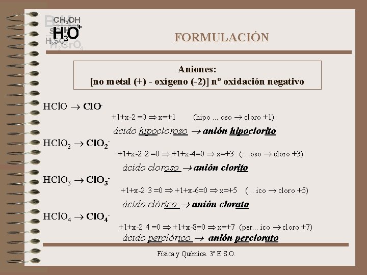 FORMULACIÓN Aniones: [no metal (+) - oxígeno (-2)] nº oxidación negativo HCl. O Cl.