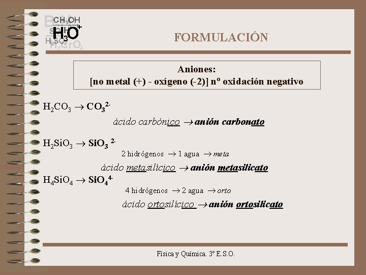 FORMULACIÓN Aniones: [no metal (+) - oxígeno (-2)] nº oxidación negativo H 2 CO