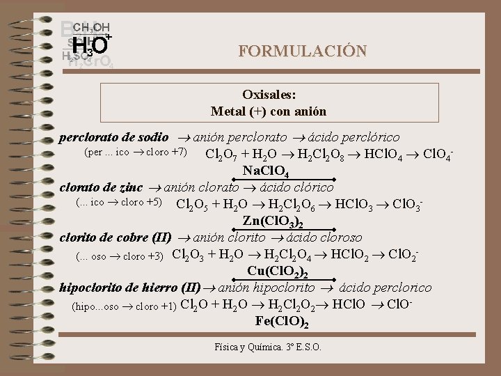 FORMULACIÓN Oxisales: Metal (+) con anión perclorato de sodio anión perclorato ácido perclórico (per.