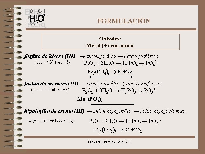 FORMULACIÓN Oxisales: Metal (+) con anión fosfato de hierro (III) anión fosfato ácido fosfórico