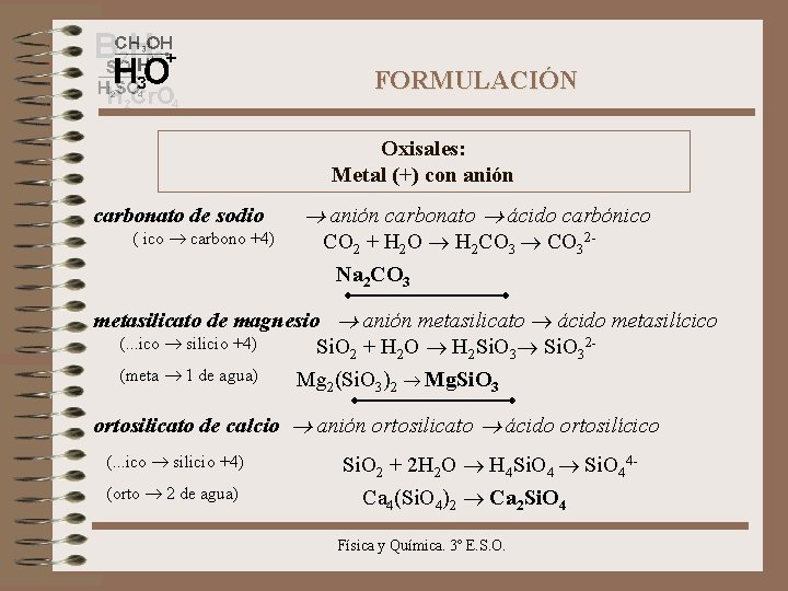 FORMULACIÓN Oxisales: Metal (+) con anión carbonato de sodio ( ico carbono +4) anión