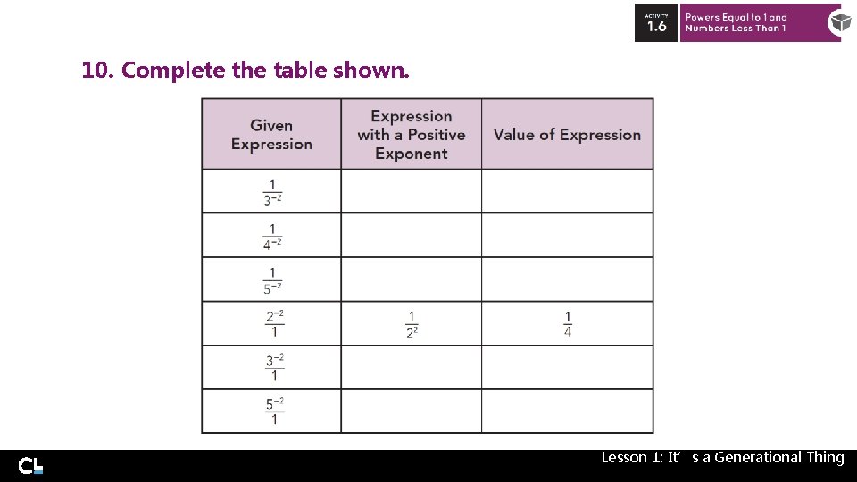 10. Complete the table shown. Lesson 1: It’s a Generational Thing 