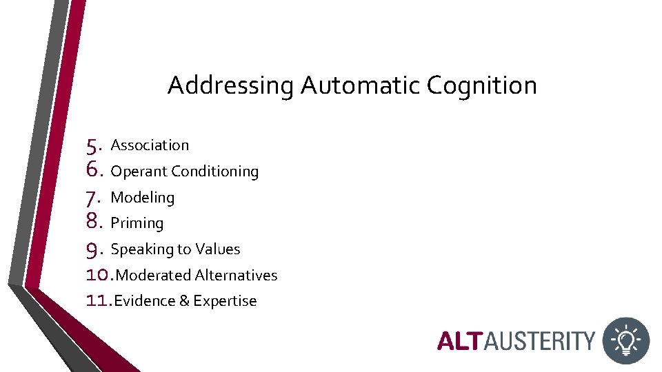 Addressing Automatic Cognition 5. Association 6. Operant Conditioning 7. Modeling 8. Priming 9. Speaking Addressing Automatic Cognition 5. Association 6. Operant Conditioning 7. Modeling 8. Priming 9. Speaking
