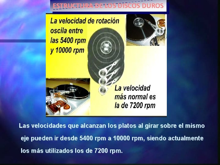 ESTRUCTURA DE LOS DISCOS DUROS Las velocidades que alcanzan los platos al girar sobre