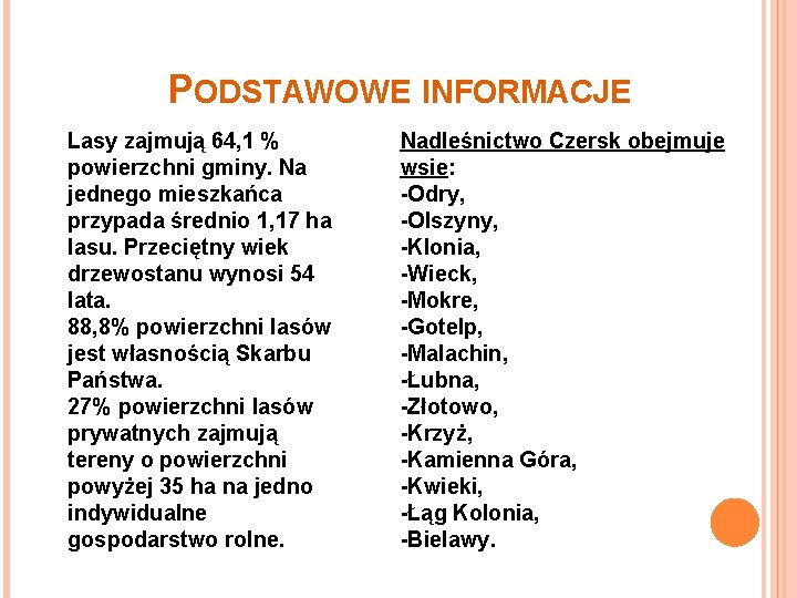 PODSTAWOWE INFORMACJE Lasy zajmują 64, 1 % powierzchni gminy. Na jednego mieszkańca przypada średnio