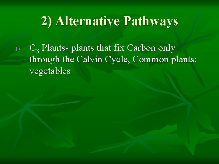 2) Alternative Pathways 1) C 3 Plants- plants that fix Carbon only through the