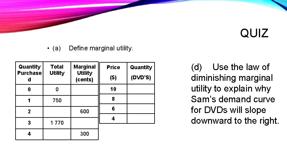 QUIZ • (a) Define marginal utility. Quantity Purchase d Total Utility 0 0 10