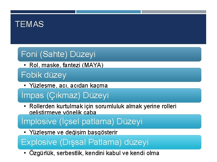 TEMAS Foni (Sahte) Düzeyi • Rol, maske, fantezi (MAYA) Fobik düzey • Yüzleşme, acıdan