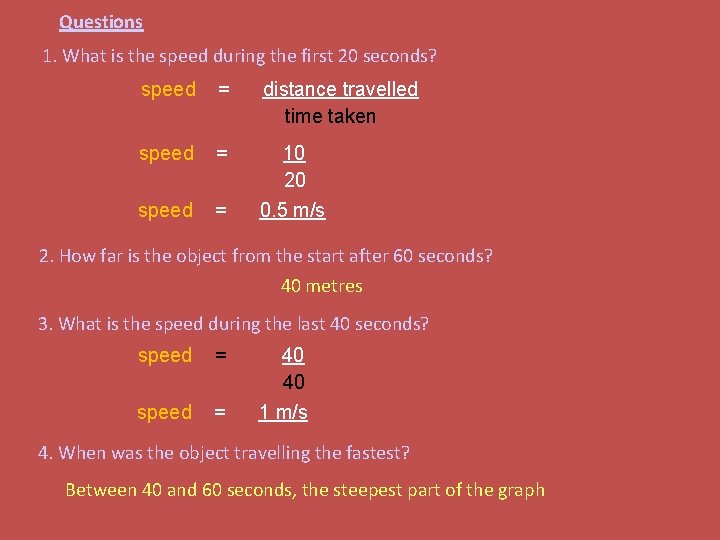 Questions 1. What is the speed during the first 20 seconds? speed = distance
