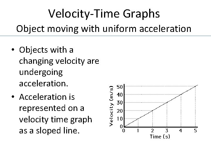 Velocity-Time Graphs Object moving with uniform acceleration • Objects with a changing velocity are
