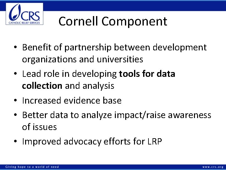 Cornell Component • Benefit of partnership between development organizations and universities • Lead role