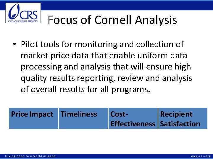Focus of Cornell Analysis • Pilot tools for monitoring and collection of market price