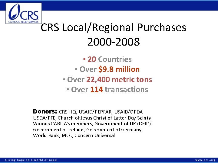 CRS Local/Regional Purchases 2000 -2008 • 20 Countries • Over $9. 8 million •