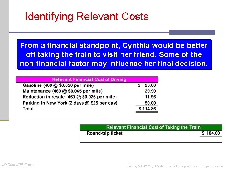 Identifying Relevant Costs From a financial standpoint, Cynthia would be better off taking the Identifying Relevant Costs From a financial standpoint, Cynthia would be better off taking the