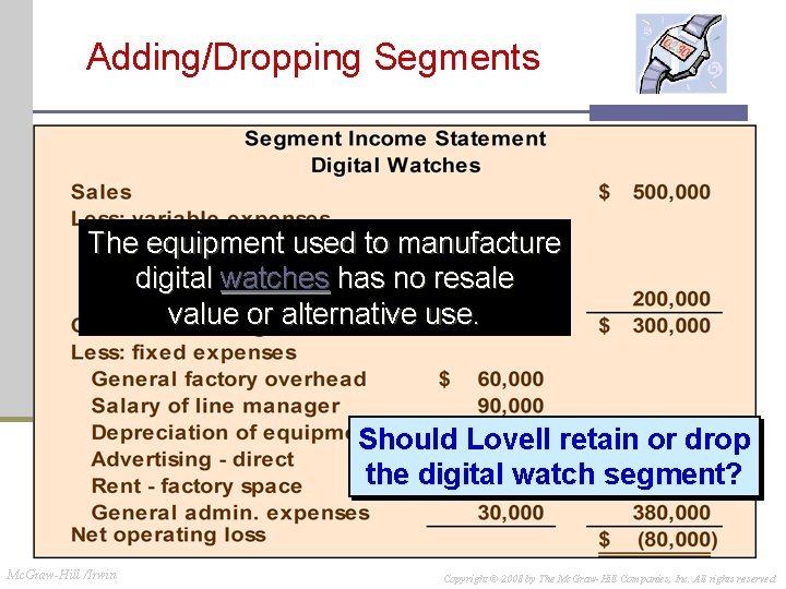 Adding/Dropping Segments The equipment used to manufacture digital watches has no resale value or Adding/Dropping Segments The equipment used to manufacture digital watches has no resale value or